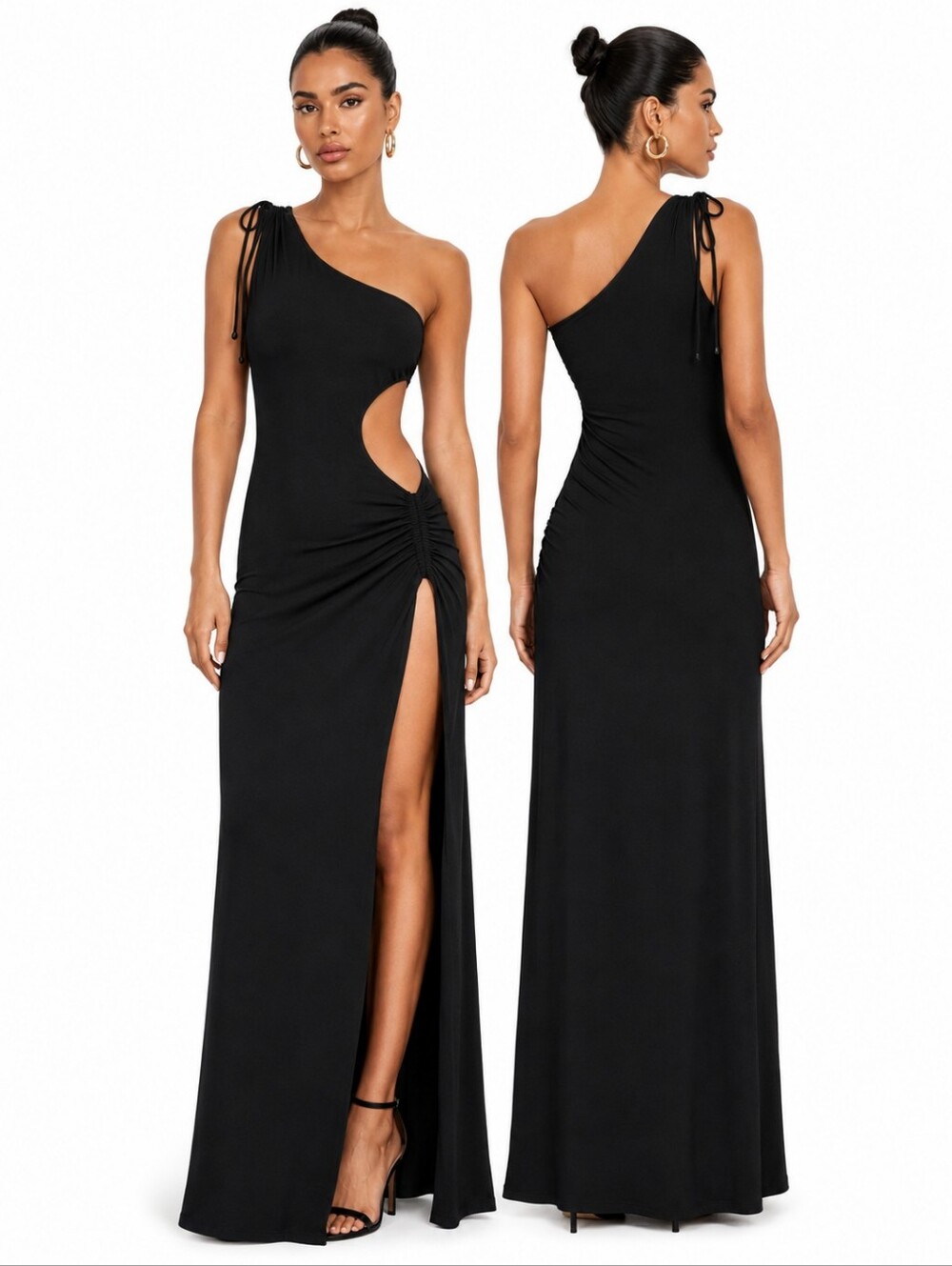 Kimberly Taylor One-Shoulder Ruched Cutout Maxi Dress Black Gown Small Medium